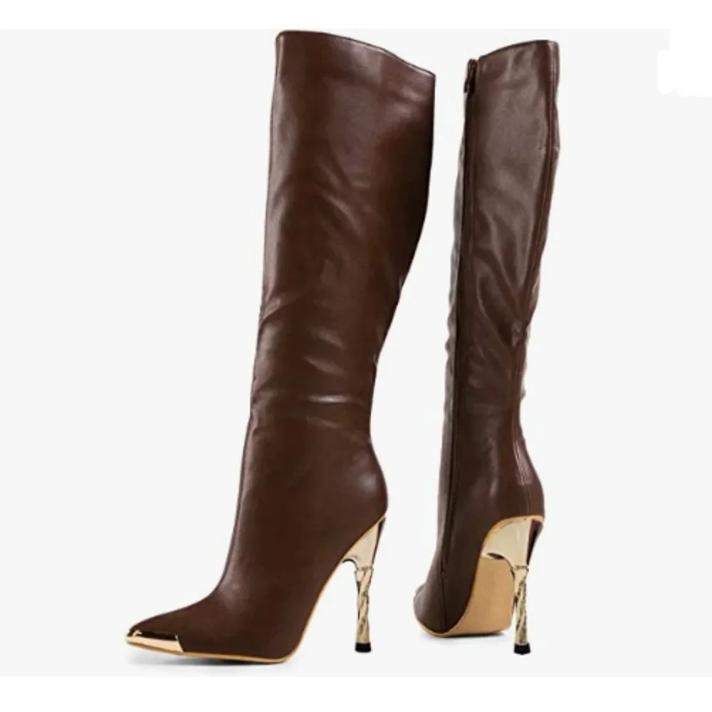FSJ Brown Sexy Pointy Toe Metal High Heel Side Zipper Stretchy Knee High Boots